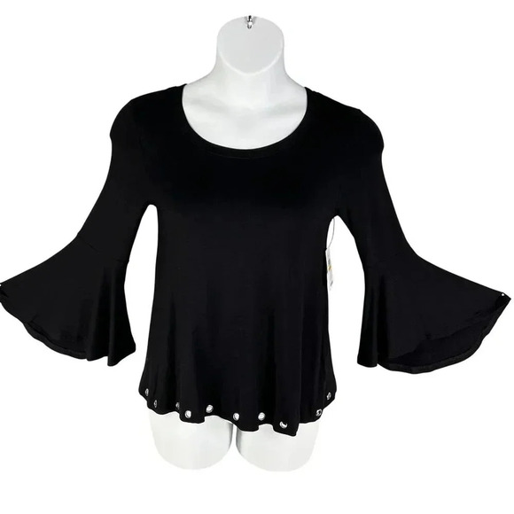 Kensie NWT Stitch Fix Exclusive Womens S Black Bell Sleeve Top Grommet Hem Fairy - Picture 4 of 16